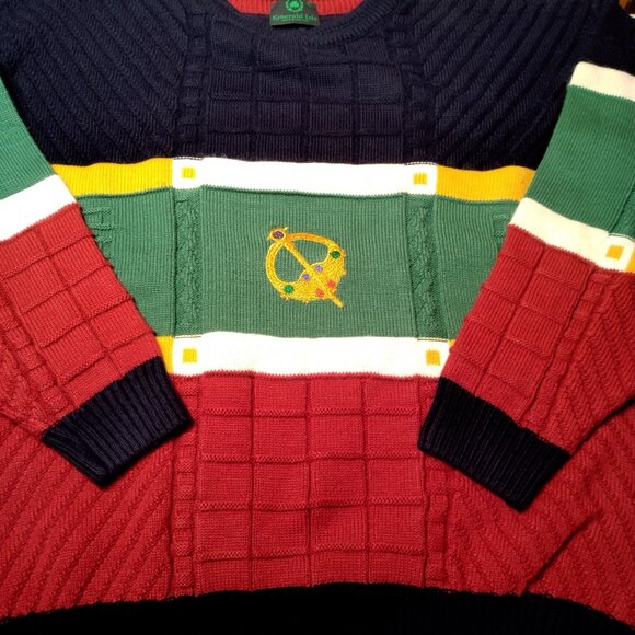 Vintage 1990s Emerald Isle Sweater Men Medium Colorblock Celtic Brooch Ireland - Picture 11 of 14